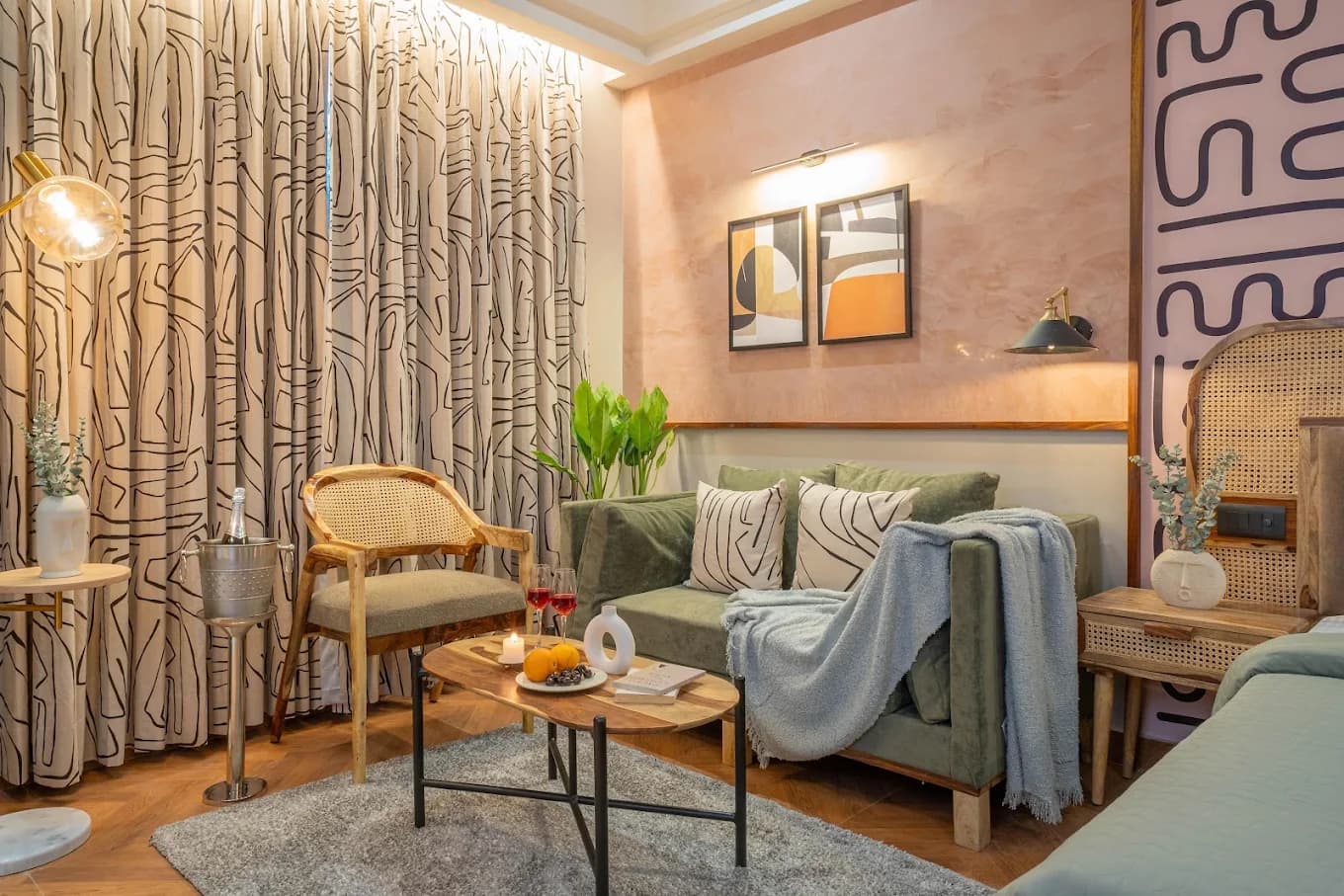 Patterned curtains and cane chair